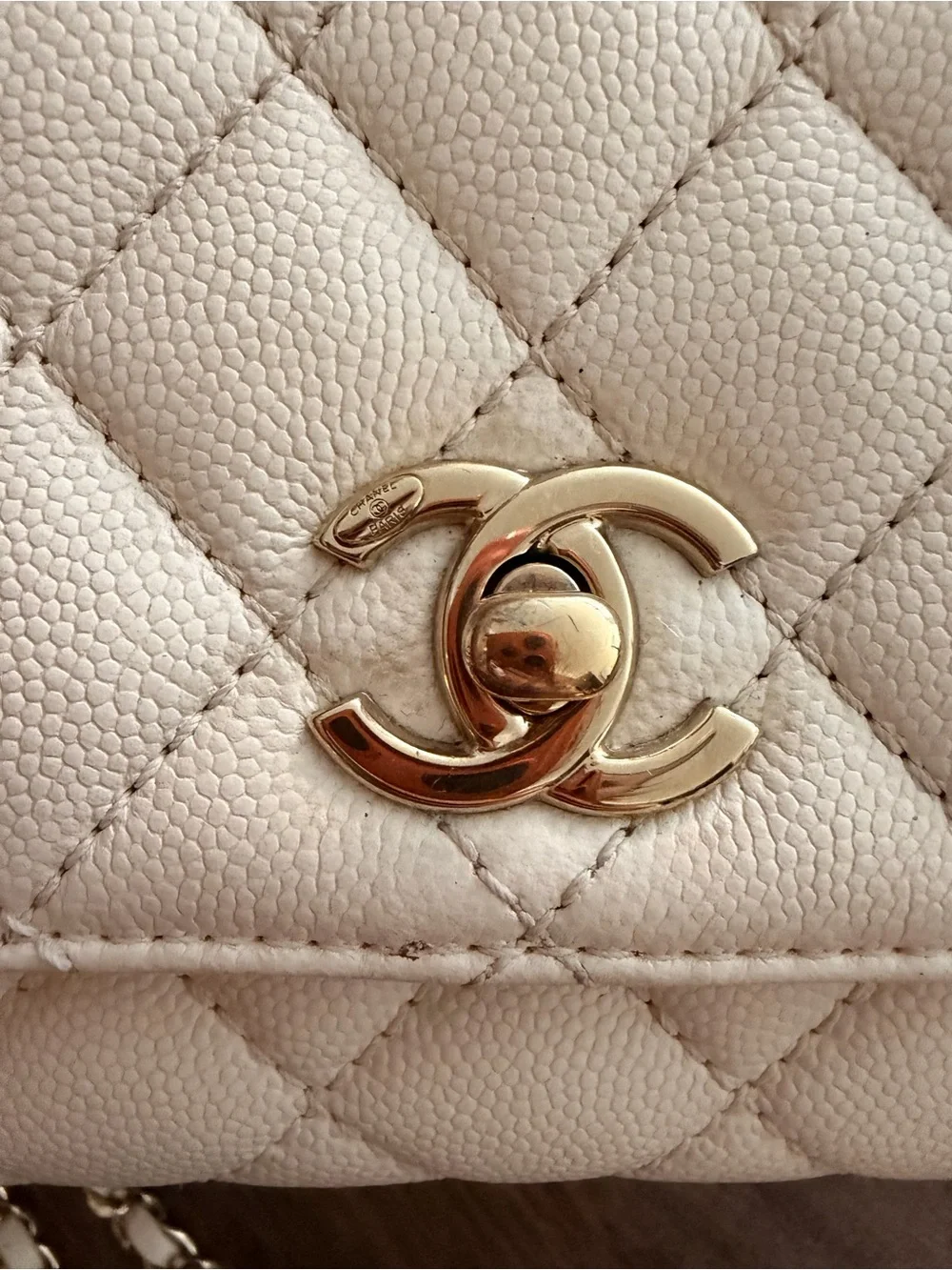 CHANEL White Handle Mini Coco  Flap Bag w/ Chain strap w/ orig rec box bag card